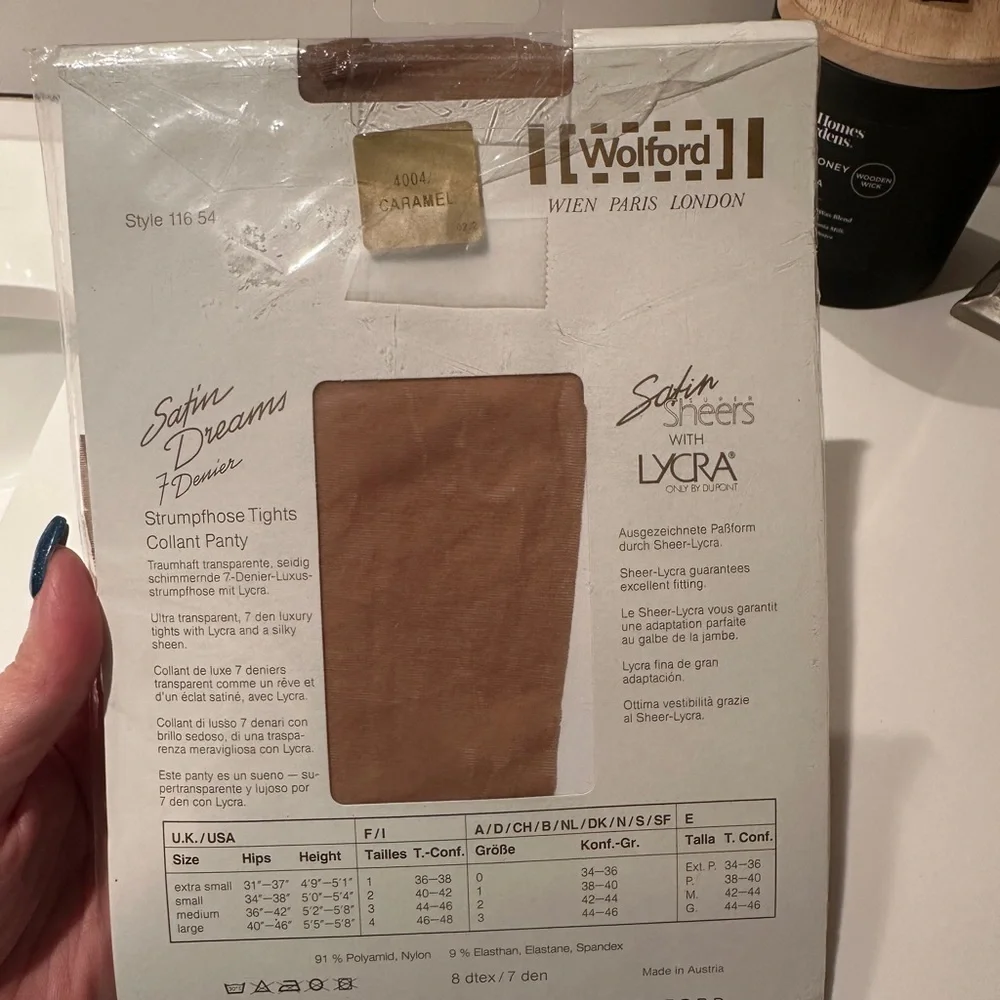 VTG Wolford Satin Dreams 7 Denier Sheer Pantyhose Tights French‎ 2 US S Caramel